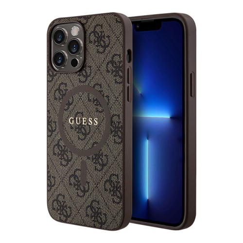 Guess для iPhone 13 Pro Max чехол PU 4G Colored ring Metal logo Brown (MagSafe)