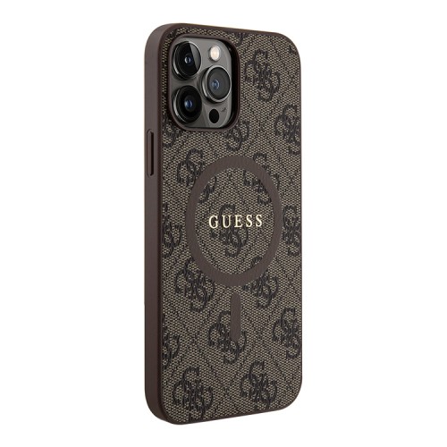 Guess для iPhone 13 Pro Max чехол PU 4G Colored ring Metal logo Brown (MagSafe)