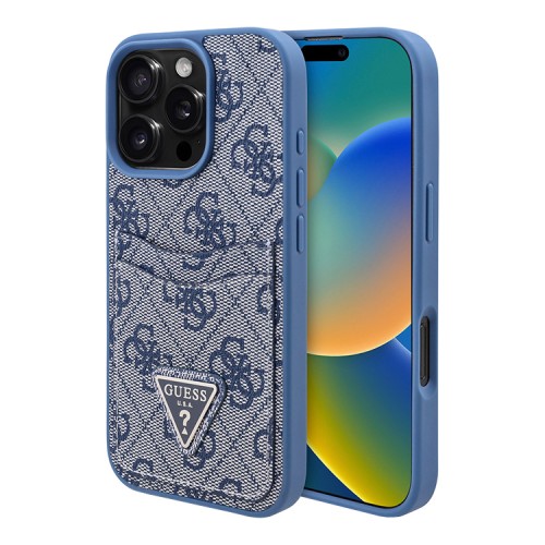 Guess для iPhone 16 Pro чехол PU кожа 4G Double cardslot Triangle metal logo Blue