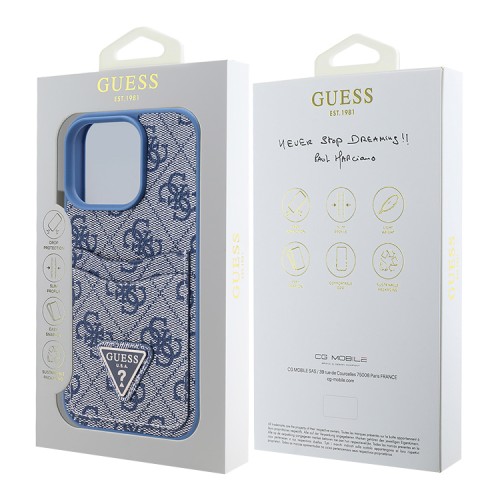Guess для iPhone 16 Pro чехол PU кожа 4G Double cardslot Triangle metal logo Blue