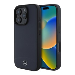 Mercedes для iPhone 16 Pro Max чехол Leather Textured and Smooth Metal logo Hard Navy (MagSafe)