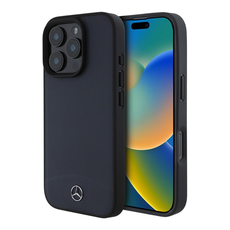 Mercedes для iPhone 16 Pro Max чехол Leather Textured and Smooth Metal logo Hard Navy (MagSafe)