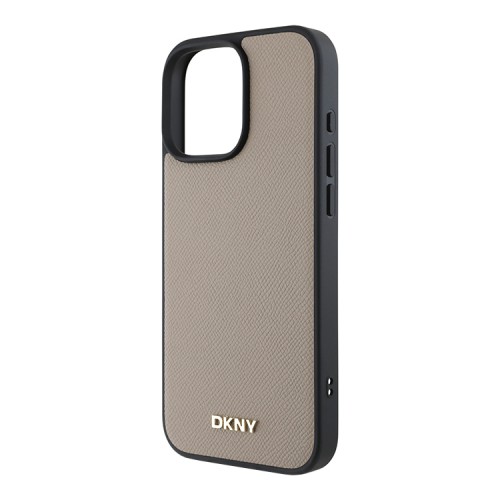 DKNY для iPhone 16 Pro Max чехол PU Grained leather Metal logo Hard Beige (MagSafe)
