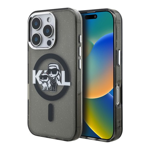 Karl Lagerfeld для iPhone 16 Pro Max чехол PC/TPU Sketch Karl&Choupette Glitter Black (MagSafe)
