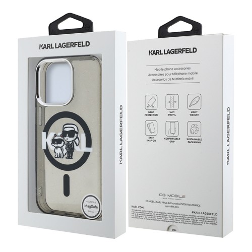 Karl Lagerfeld для iPhone 16 Pro Max чехол PC/TPU Sketch Karl&Choupette Glitter Black (MagSafe)