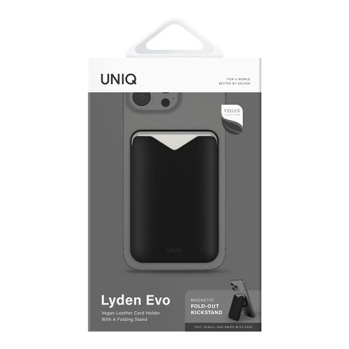 Uniq картхолдер Lyden EVO магнитный кожаный с подставкой для телефона, Black