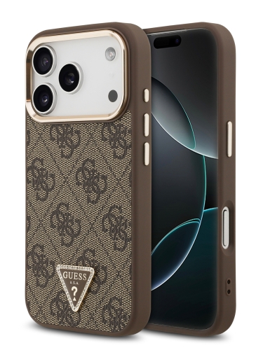 Guess для iPhone 17 Pro чехол PU 4G Triangle Diamond metal logo Gold camera Hard Brown (MagSafe)