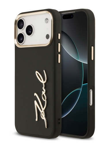 Karl Lagerfeld для iPhone 17 Pro чехол PU leather Autograph Metal logo & Gold camera Hard Black