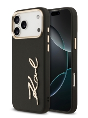 Karl Lagerfeld для iPhone 17 Pro чехол PU leather Autograph Metal logo &amp; Gold camera Hard Black