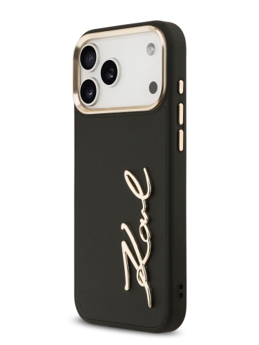 Karl Lagerfeld для iPhone 17 Pro чехол PU leather Autograph Metal logo & Gold camera Hard Black