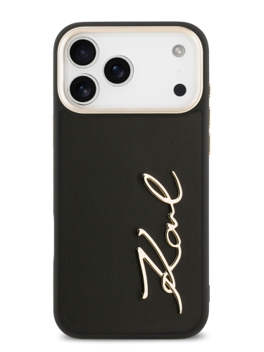 Karl Lagerfeld для iPhone 17 Pro чехол PU leather Autograph Metal logo & Gold camera Hard Black