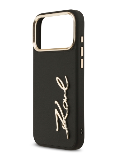 Karl Lagerfeld для iPhone 17 Pro чехол PU leather Autograph Metal logo & Gold camera Hard Black