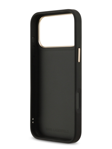 Karl Lagerfeld для iPhone 17 Pro чехол PU leather Autograph Metal logo & Gold camera Hard Black