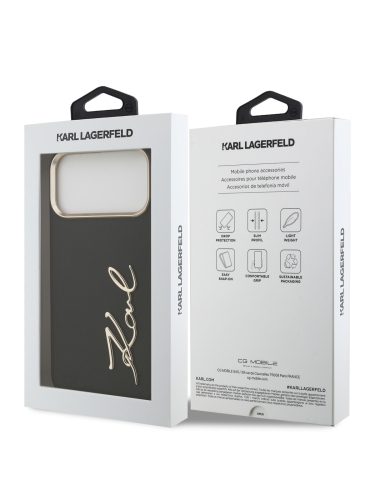Karl Lagerfeld для iPhone 17 Pro чехол PU leather Autograph Metal logo & Gold camera Hard Black