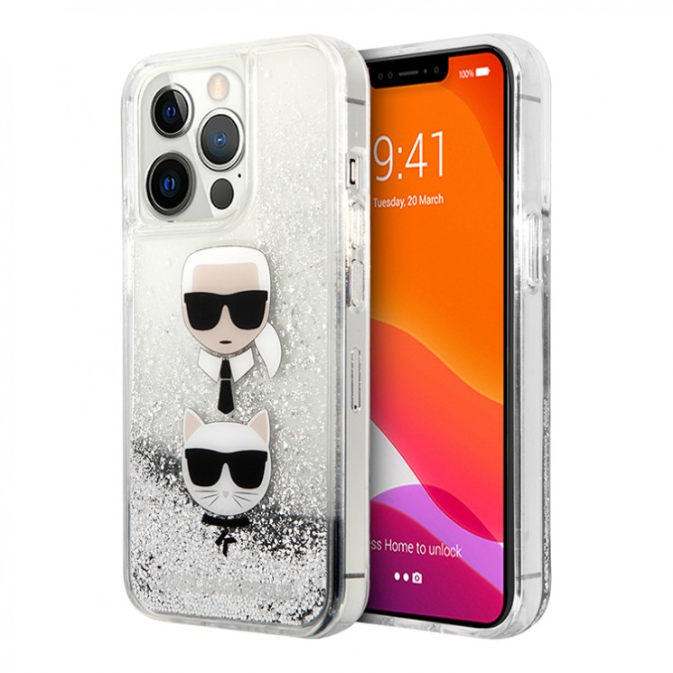 Чехол Lagerfeld Liquid glitter Karl and Choupette heads Hard для iPhone 13 Pro Max, серебристый