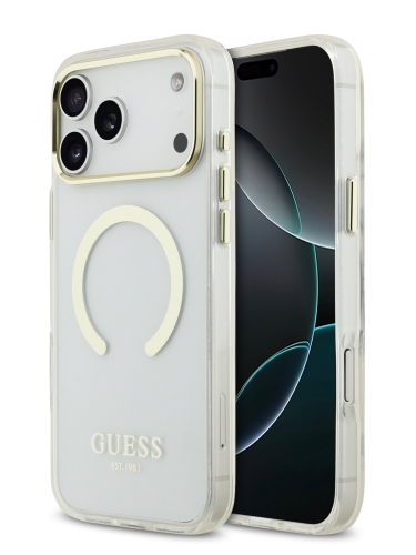 Guess для iPhone 17 Pro чехол IML Metal outline and Camera Hard Transparent/Gold (MagSafe)