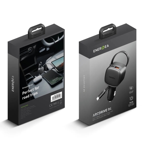 Energea АЗУ ArcDrive 84, USB-C +USB-A +75cm retractable USB-C cable (Total 84W) Black
