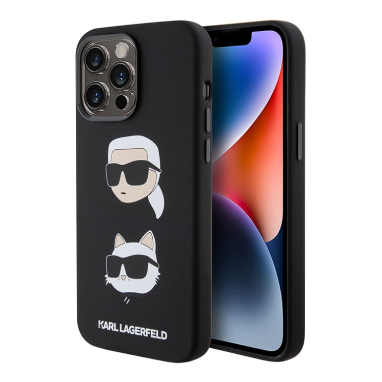 Lagerfeld для iPhone 15 Pro Max чехол Liquid Silicone Karl & Choupette heads Hard Black