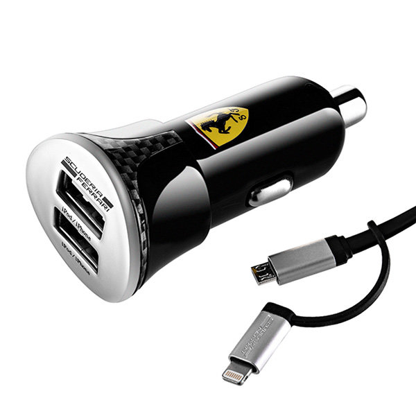 Комплект Ferrari Bundle Carbon автозарядка 2 USB + кабель MFI Lightning/micro USB, черный