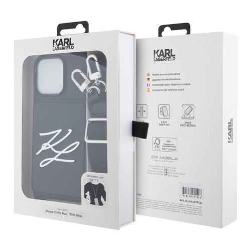 Karl Lagerfeld для iPhone 15 Pro Max чехол Crossbody cardslot PU Saffiano Autograph Hard Black