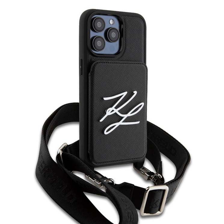 Karl Lagerfeld для iPhone 15 Pro Max чехол Crossbody cardslot PU Saffiano Autograph Hard Black