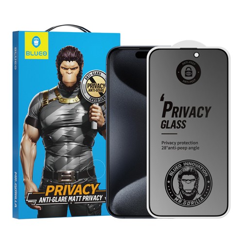 BlueO стекло для iPhone 15 Pro Max, Anti-peep Matte Black (антишпион/матовое)