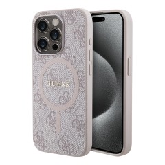 Guess для iPhone 13 Pro Max чехол PU 4G Colored ring Metal logo Pink (MagSafe)