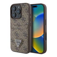 Guess для iPhone 16 Pro чехол PU кожа 4G Double cardslot Triangle metal logo Brown