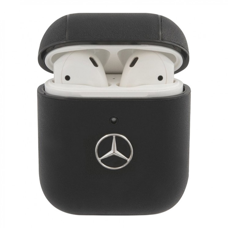 Чехол Mercedes Genuine leather with Metal logo для AirPods 1/2, черный