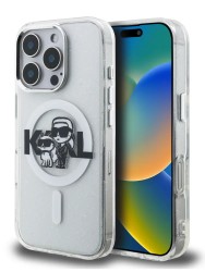 Karl Lagerfeld для iPhone 16 Pro Max чехол PC/TPU Sketch Karl&Choupette Metal cam Hard Glitter Transparent (MagSafe)