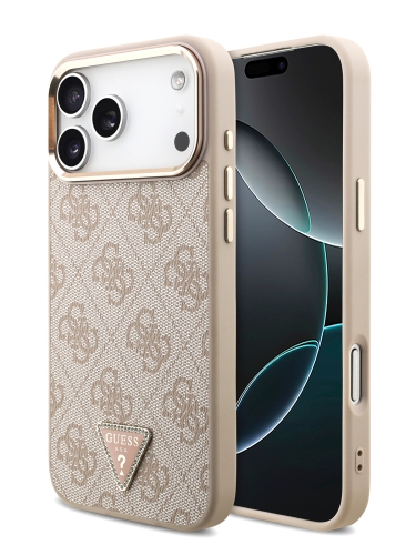 Guess для iPhone 17 Pro чехол PU 4G Triangle Diamond metal logo Gold camera Hard Pink (MagSafe)