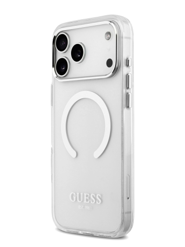 Guess для iPhone 17 Pro чехол IML Metal outline and Camera Hard Transparent/Silver (MagSafe)
