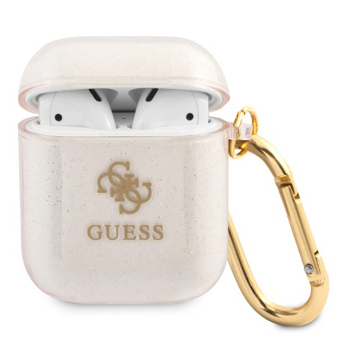 Чехол Guess Transparent Glitter 4G с карабином для Airpods 1/2, золотой