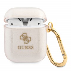 Чехол Guess Transparent Glitter 4G с карабином для Airpods 1/2, золотой