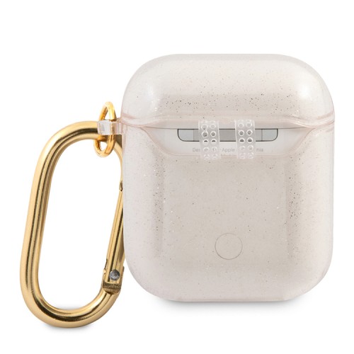 Чехол Guess Transparent Glitter 4G с карабином для Airpods 1/2, золотой