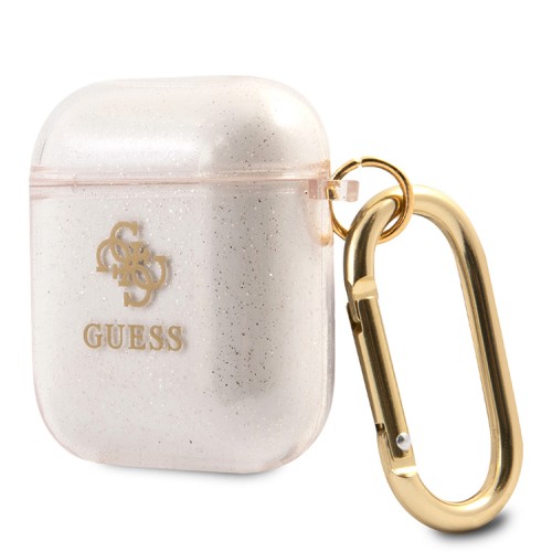 Чехол Guess Transparent Glitter 4G с карабином для Airpods 1/2, золотой