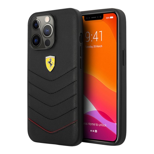 Кожаный чехол Ferrari Quilted with metal logo Hard для iPhone 13 Pro, черный