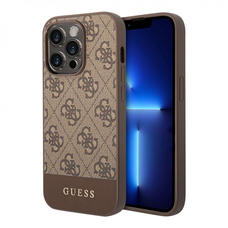 Чехол Guess PU 4G Bottom stripe Metal logo Hard для iPhone 14 Pro Max, коричневый