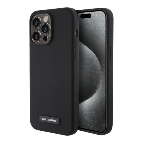 Lagerfeld для iPhone 15 Pro Max чехол Liquid silicone Metal plate logo Hard Black (MagSafe)