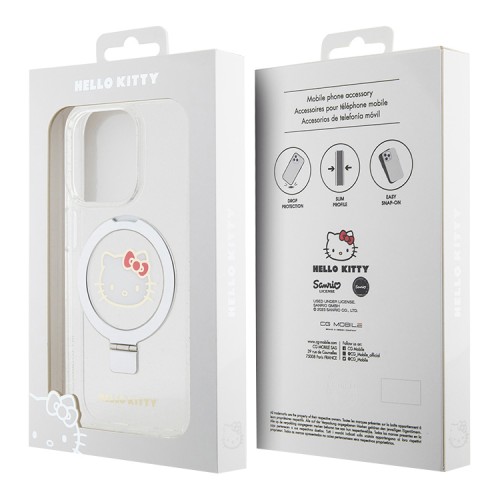 Hello Kitty для iPhone 15 Pro Max чехол PC/TPU Kitty Head + Ring Stand Hard Glitter Transp (MagSafe)