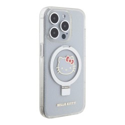 Hello Kitty для iPhone 15 Pro Max чехол PC/TPU Kitty Head + Ring Stand Hard Glitter Transp (MagSafe)
