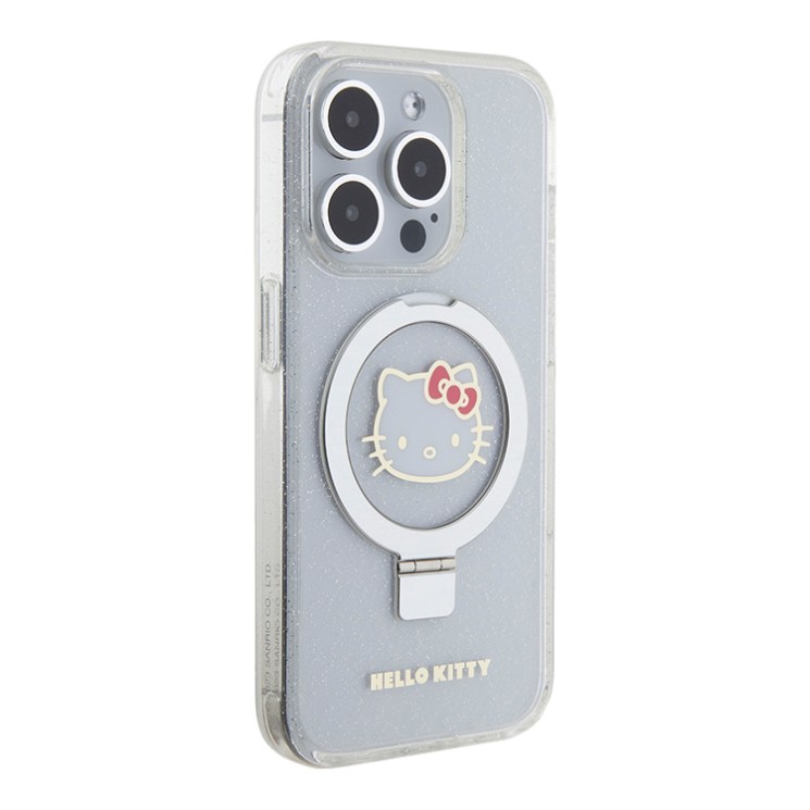 Hello Kitty для iPhone 15 Pro Max чехол PC/TPU Kitty Head + Ring Stand Hard Glitter Transp (MagSafe)