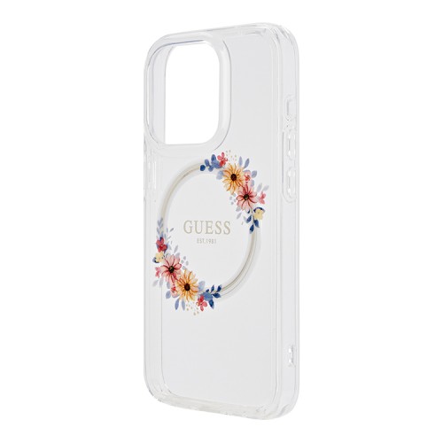 Guess для iPhone 15 Pro чехол PC/TPU Flowers Wreath Hard Transparent (MagSafe)