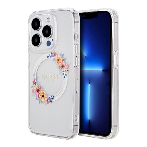 Guess для iPhone 15 Pro чехол PC/TPU Flowers Wreath Hard Transparent (MagSafe)