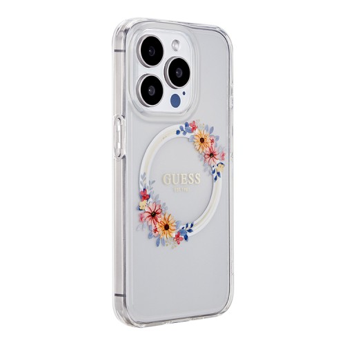 Guess для iPhone 15 Pro чехол PC/TPU Flowers Wreath Hard Transparent (MagSafe)