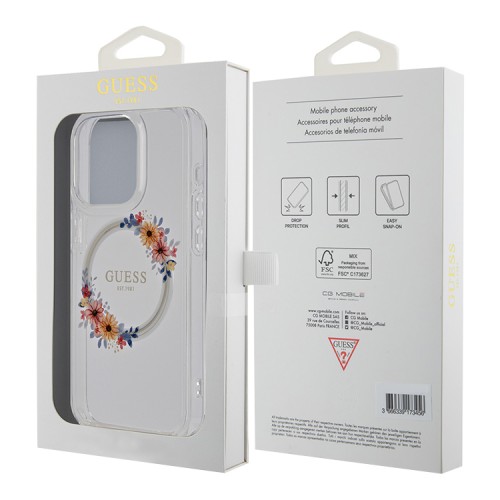 Guess для iPhone 15 Pro чехол PC/TPU Flowers Wreath Hard Transparent (MagSafe)