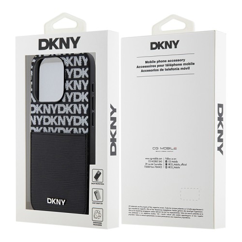 DKNY для iPhone 15 Pro чехол PU Repeat texture with Cardslot Metal logo Hard Black