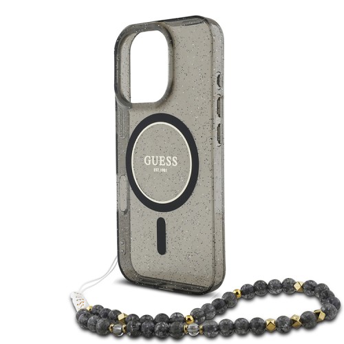 Guess для iPhone 16 Pro Max чехол PC/TPU Glitter (MagSafe) +шнурок из бисера, черный 
