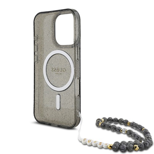 Guess для iPhone 16 Pro Max чехол PC/TPU Glitter (MagSafe) +шнурок из бисера, черный 