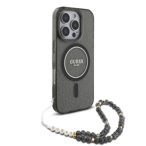 Guess для iPhone 16 Pro Max чехол PC/TPU Glitter (MagSafe) +шнурок из бисера, черный 